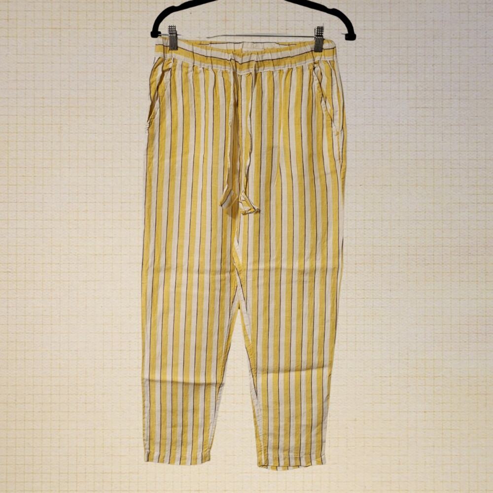 Bohemian 100% Linen Striped Drawstring Pants Cynthia Rowley Small Yellow Purple